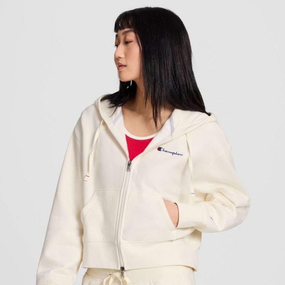 Champion Women's Cropped Fleece Zip-Up Sweatshirt - Cream XXL